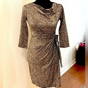 Ann Taylor’s Black & Grey Knit 3/4 Sleeve Waist Tie Cowl Neck Midi Dress